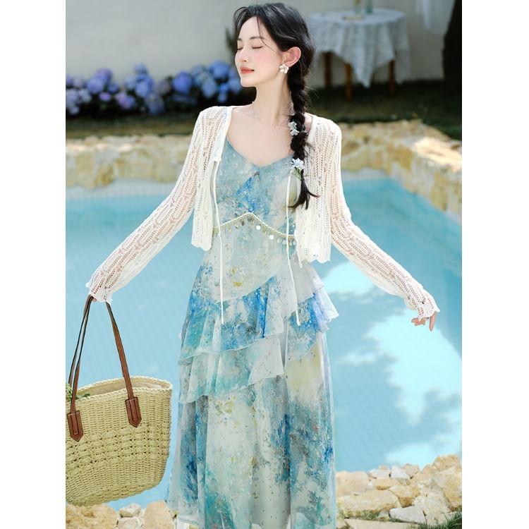 Spaghetti Strap V-Neck Floral Print Ruffle Maxi A-Line Dress / Plain Tie Front Cardigan / Set