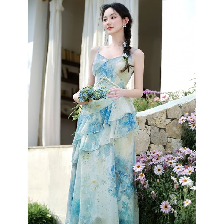 Spaghetti Strap V-Neck Floral Print Ruffle Maxi A-Line Dress / Plain Tie Front Cardigan / Set