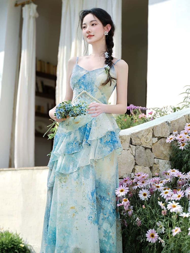 Spaghetti Strap V-Neck Floral Print Ruffle Maxi A-Line Dress / Plain Tie Front Cardigan / Set