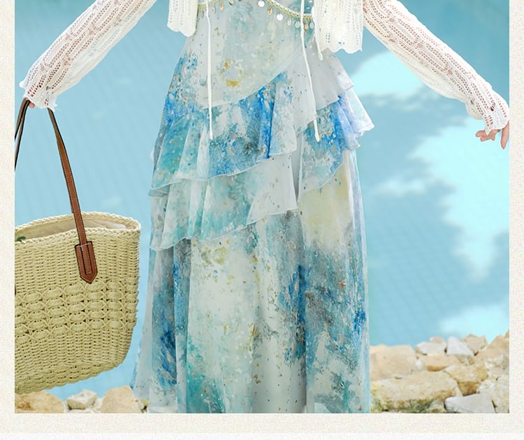 Spaghetti Strap V-Neck Floral Print Ruffle Maxi A-Line Dress / Plain Tie Front Cardigan / Set