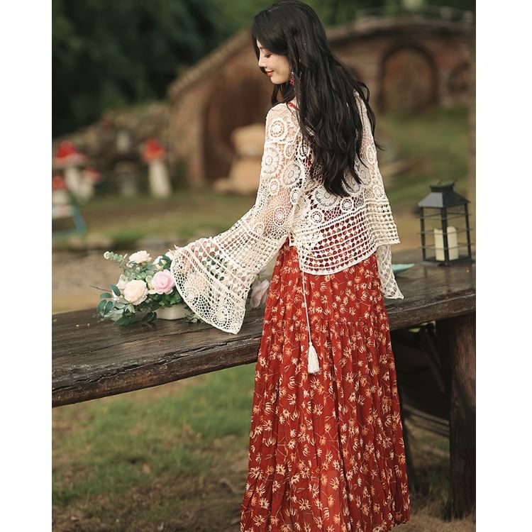 Spaghetti Strap V-Neck Floral Print Maxi A-Line Dress / Plain Crochet Cardigan / Belt / Set