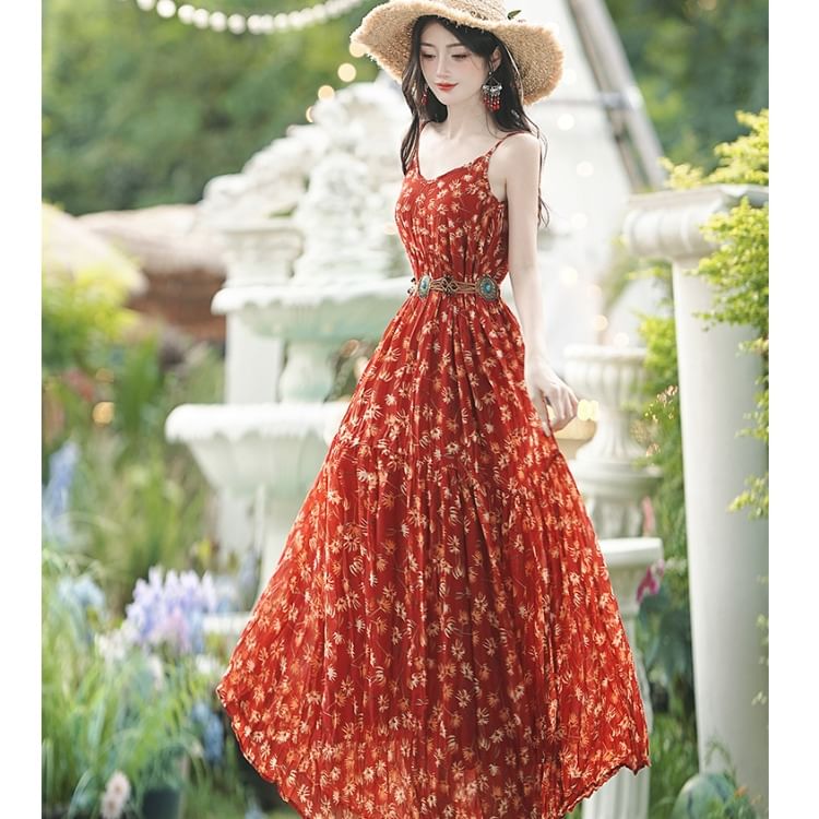 Spaghetti Strap V-Neck Floral Print Maxi A-Line Dress / Plain Crochet Cardigan / Belt / Set