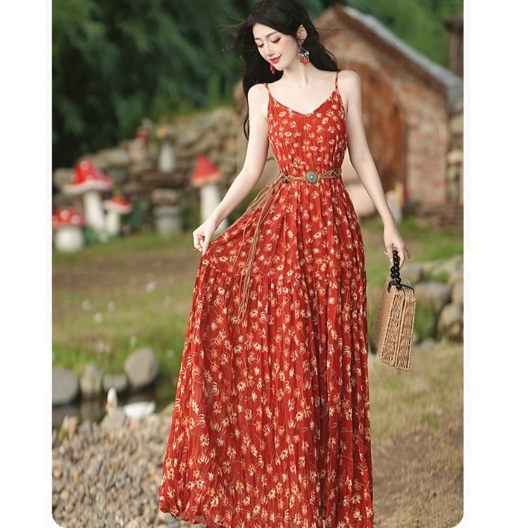 Spaghetti Strap V-Neck Floral Print Maxi A-Line Dress / Plain Crochet Cardigan / Belt / Set