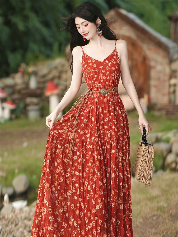 Spaghetti Strap V-Neck Floral Print Maxi A-Line Dress / Plain Crochet Cardigan / Belt / Set