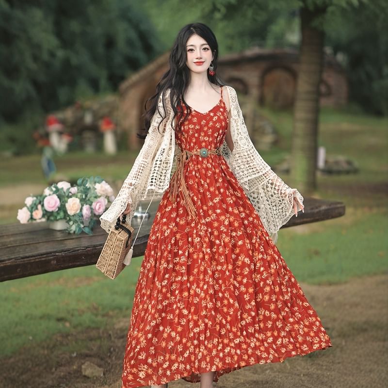 Spaghetti Strap V-Neck Floral Print Maxi A-Line Dress / Plain Crochet Cardigan / Belt / Set