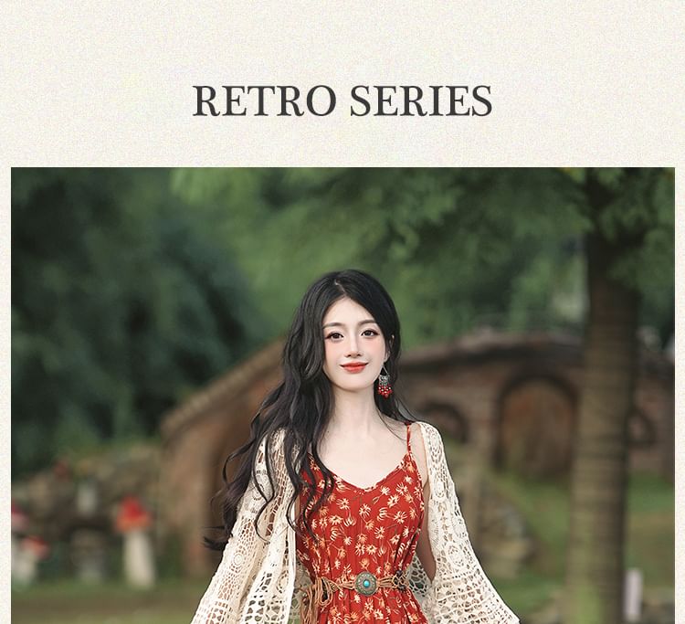 Spaghetti Strap V-Neck Floral Print Maxi A-Line Dress / Plain Crochet Cardigan / Belt / Set