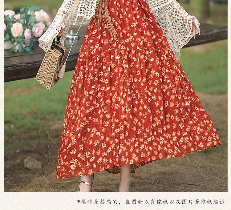 Spaghetti Strap V-Neck Floral Print Maxi A-Line Dress / Plain Crochet Cardigan / Belt / Set