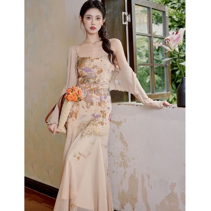 Spaghetti Strap Patterned Print Maxi Mermaid Dress / Plain Cardigan / Set