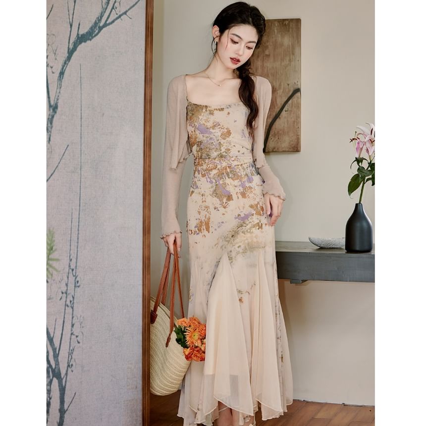 Spaghetti Strap Patterned Print Maxi Mermaid Dress / Plain Cardigan / Set