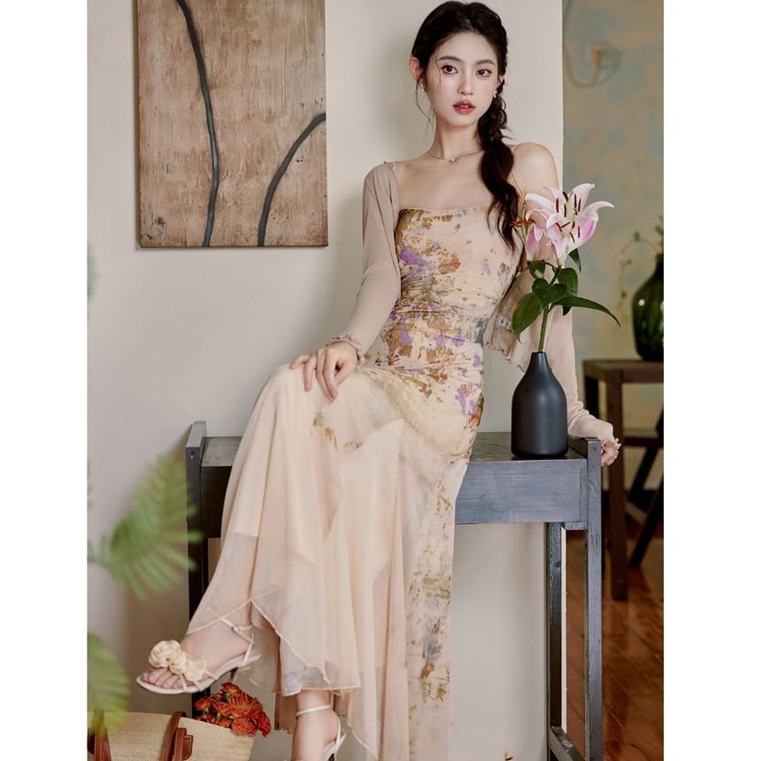 Spaghetti Strap Patterned Print Maxi Mermaid Dress / Plain Cardigan / Set