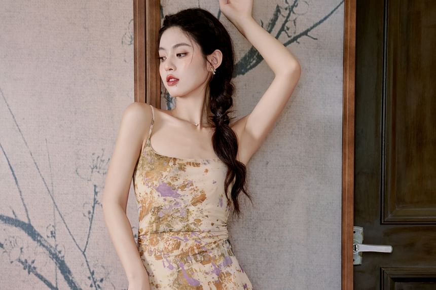 Spaghetti Strap Patterned Print Maxi Mermaid Dress / Plain Cardigan / Set