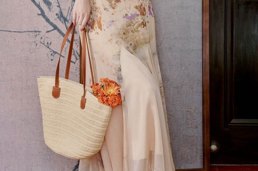 Spaghetti Strap Patterned Print Maxi Mermaid Dress / Plain Cardigan / Set