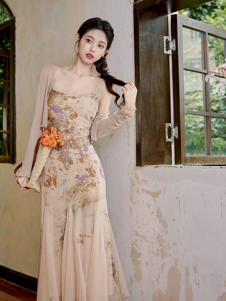 Spaghetti Strap Patterned Print Maxi Mermaid Dress / Plain Cardigan / Set