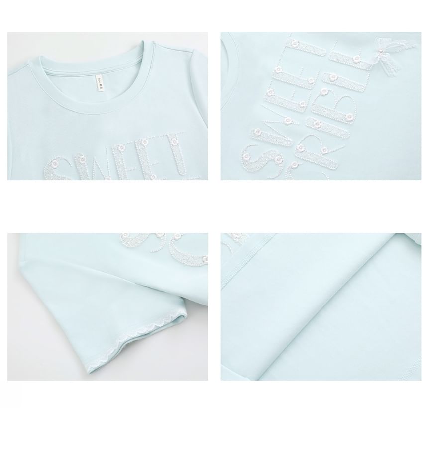 Short-Sleeve Crew Neck Lettering Sequin Embroidered Tee
