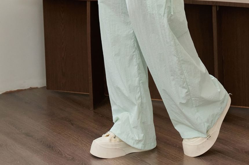 Elastic Waist Plain Wide Leg Cargo Pants