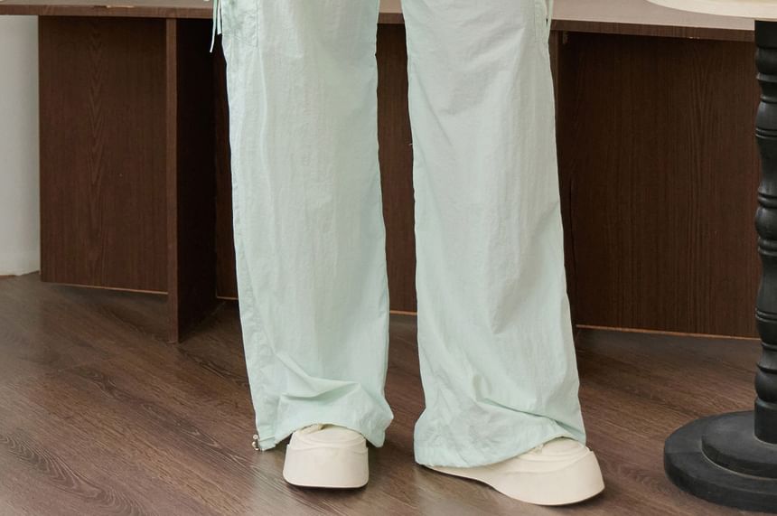Elastic Waist Plain Wide Leg Cargo Pants