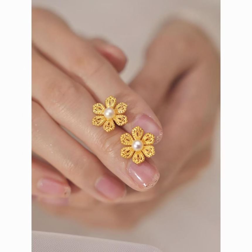 Alloy Earring Pearl Stud Floral Faux