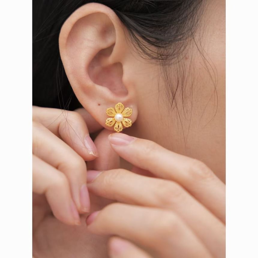 Alloy Earring Pearl Stud Floral Faux