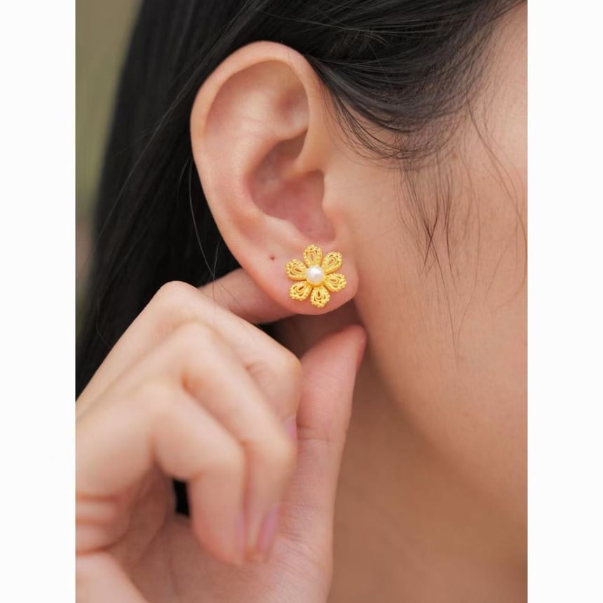 Alloy Earring Pearl Stud Floral Faux