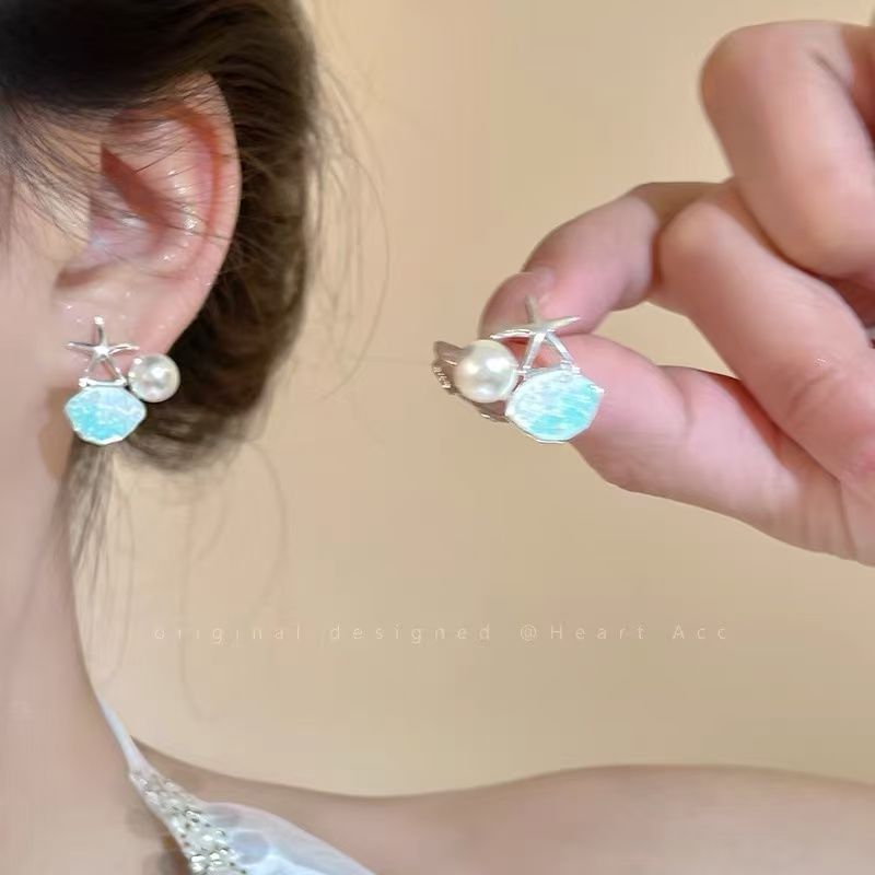 Pearl Rhinestone Starfish Earring Faux Stud Alloy
