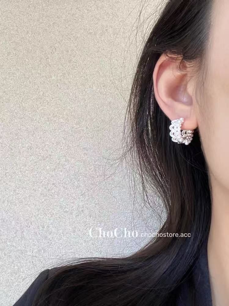 Faux Pearl Earring Lace Huggie Alloy