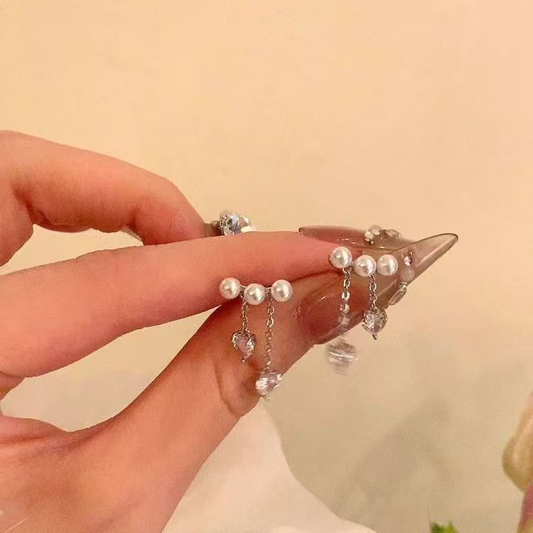 Heart Earring Alloy Pearl Faux Dangle Rhinestone