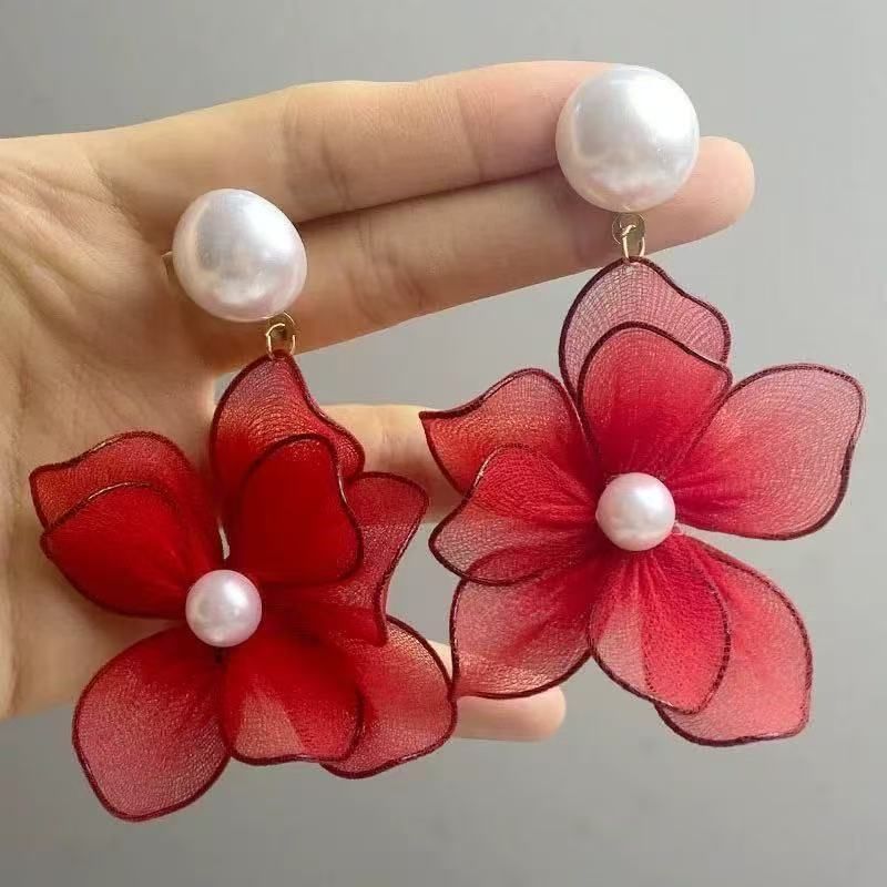 Floral Earring Faux Alloy Statement Mesh Pearl