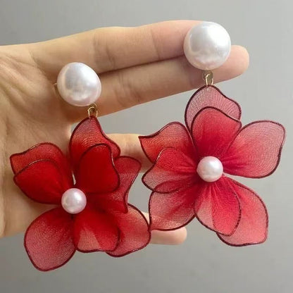 Floral Earring Faux Alloy Statement Mesh Pearl