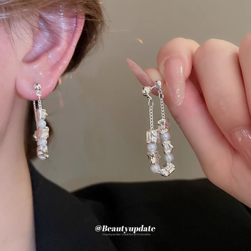 Hoop Alloy Pearl Faux Dangle Chain Earring