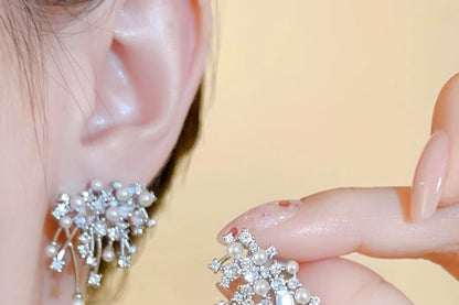 Alloy Firework Stud Faux Pearl Earring Rhinestone