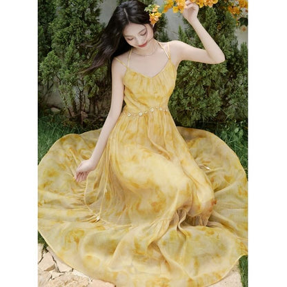 Halter V-Neck Tie Dye Maxi A-Line Dress / Plain Perforated Tie Front Cardigan / Set