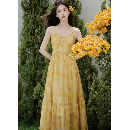 Halter V-Neck Tie Dye Maxi A-Line Dress / Plain Perforated Tie Front Cardigan / Set