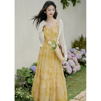 Halter V-Neck Tie Dye Maxi A-Line Dress / Plain Perforated Tie Front Cardigan / Set