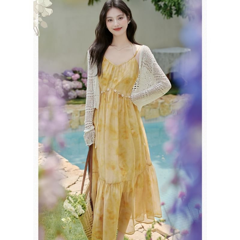 Halter V-Neck Tie Dye Maxi A-Line Dress / Plain Perforated Tie Front Cardigan / Set