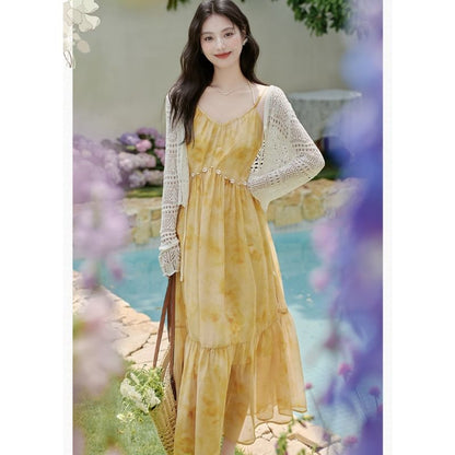 Halter V-Neck Tie Dye Maxi A-Line Dress / Plain Perforated Tie Front Cardigan / Set