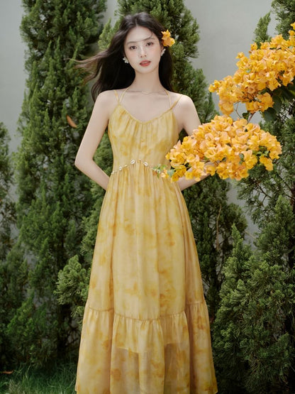 Halter V-Neck Tie Dye Maxi A-Line Dress / Plain Perforated Tie Front Cardigan / Set