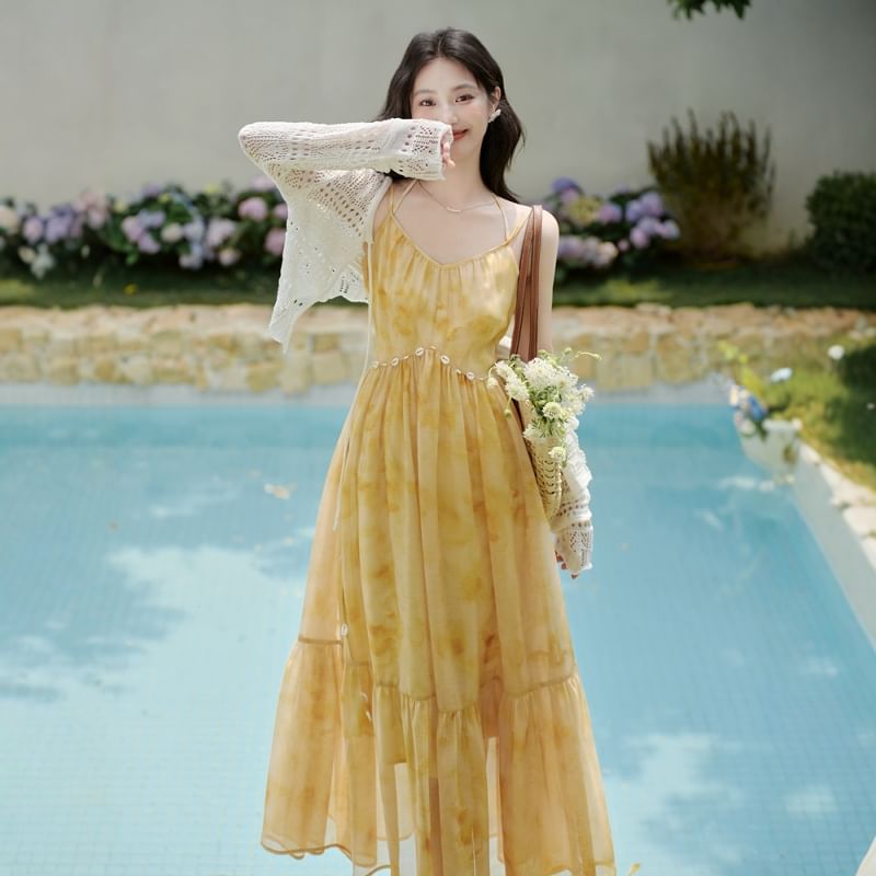 Halter V-Neck Tie Dye Maxi A-Line Dress / Plain Perforated Tie Front Cardigan / Set