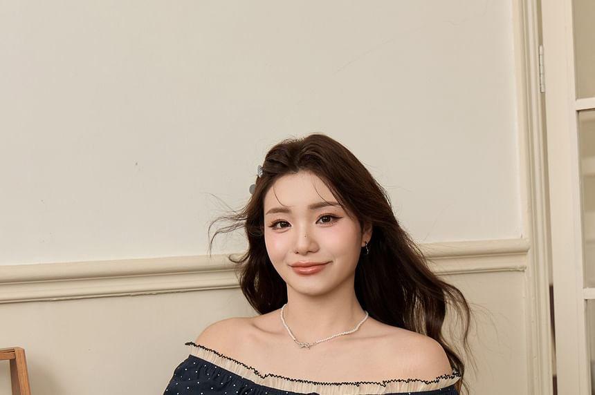 Plus Size Short-Sleeve Off Shoulder Dotted Ruffle Trim Top