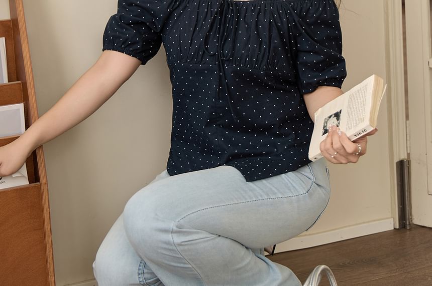 Plus Size Short-Sleeve Off Shoulder Dotted Ruffle Trim Top