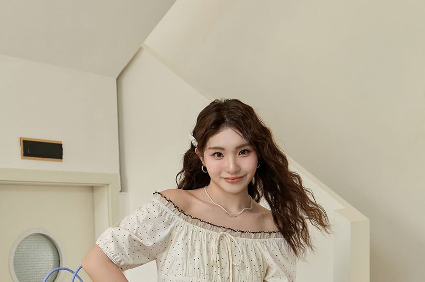 Plus Size Short-Sleeve Off Shoulder Dotted Ruffle Trim Top