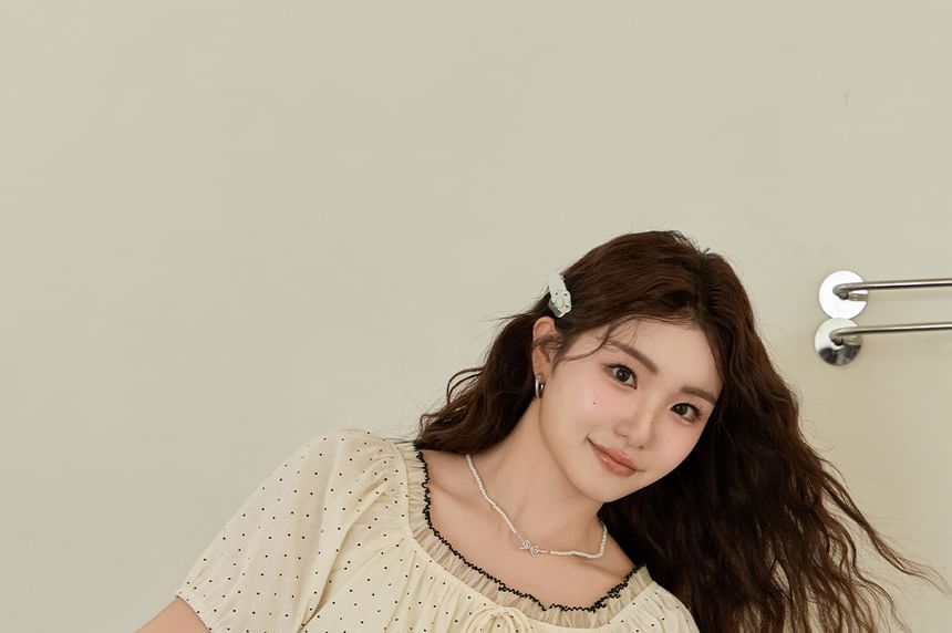 Plus Size Short-Sleeve Off Shoulder Dotted Ruffle Trim Top