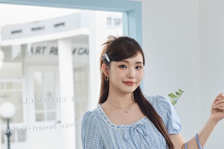 Plus Size Short-Sleeve Square Neck Plaid Tie Front Top