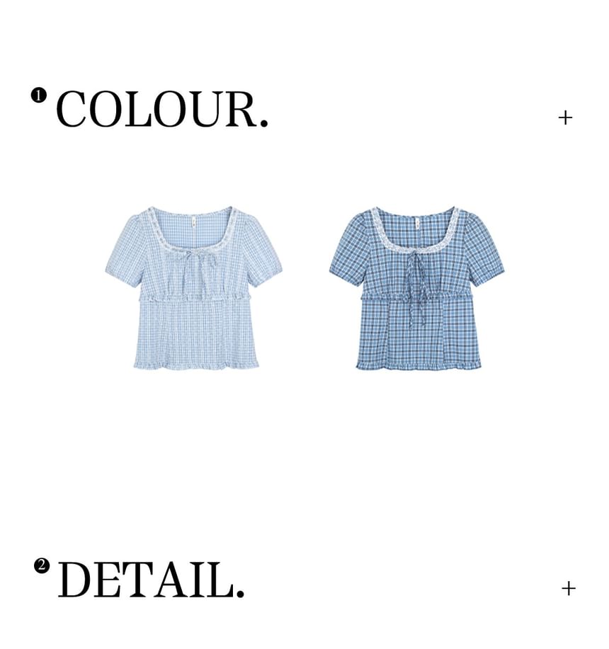 Plus Size Short-Sleeve Square Neck Plaid Tie Front Top