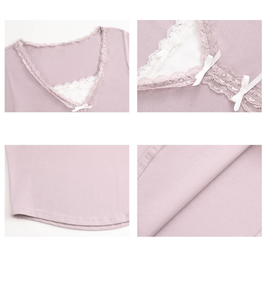 Plus Size Short-Sleeve V-Neck Plain Lace Trim Tee