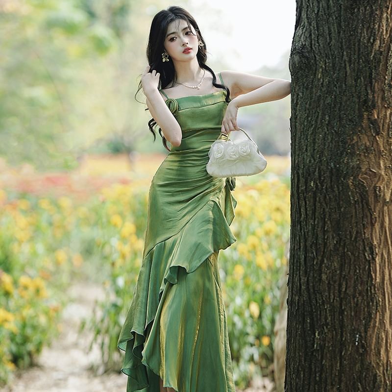 Spaghetti Strap Plain Asymmetrical Flower Accent Ruched A-Line Dress / Fringed Open Front Long Light Jacket / Set