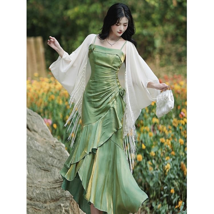 Spaghetti Strap Plain Asymmetrical Flower Accent Ruched A-Line Dress / Fringed Open Front Long Light Jacket / Set