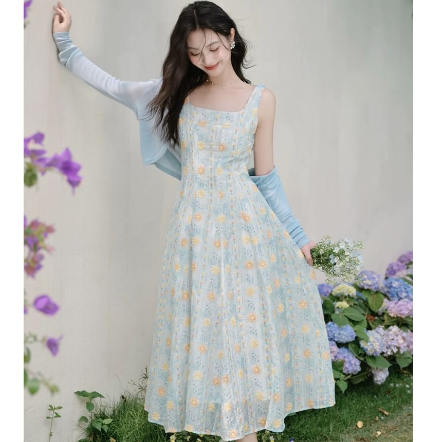 Sleeveless Square Neck Floral Print Midi A-Line Dress / Plain Open Front Crop Cardigan / Set