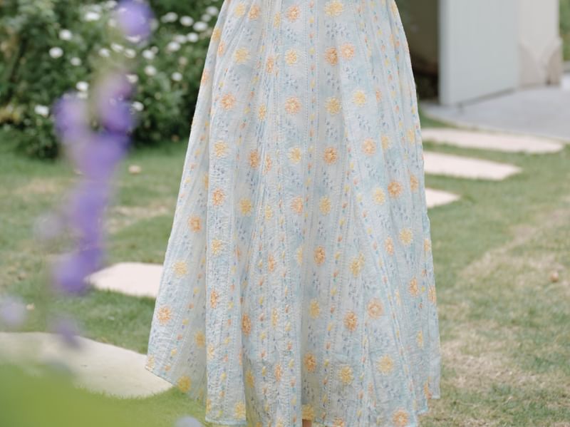 Sleeveless Square Neck Floral Print Midi A-Line Dress / Plain Open Front Crop Cardigan / Set