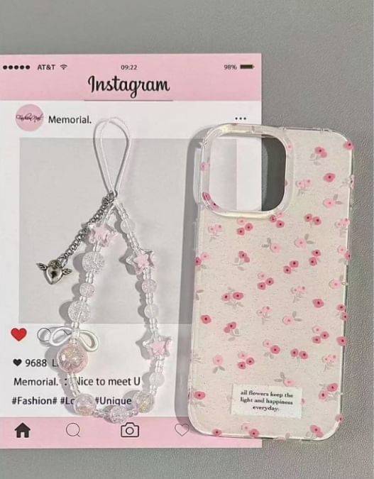 iPhone Set / Case Strap Floral Print Beaded