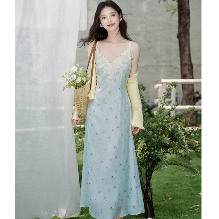Spaghetti Strap V-Neck Floral Print Maxi A-Line Dress / Plain Cardigan